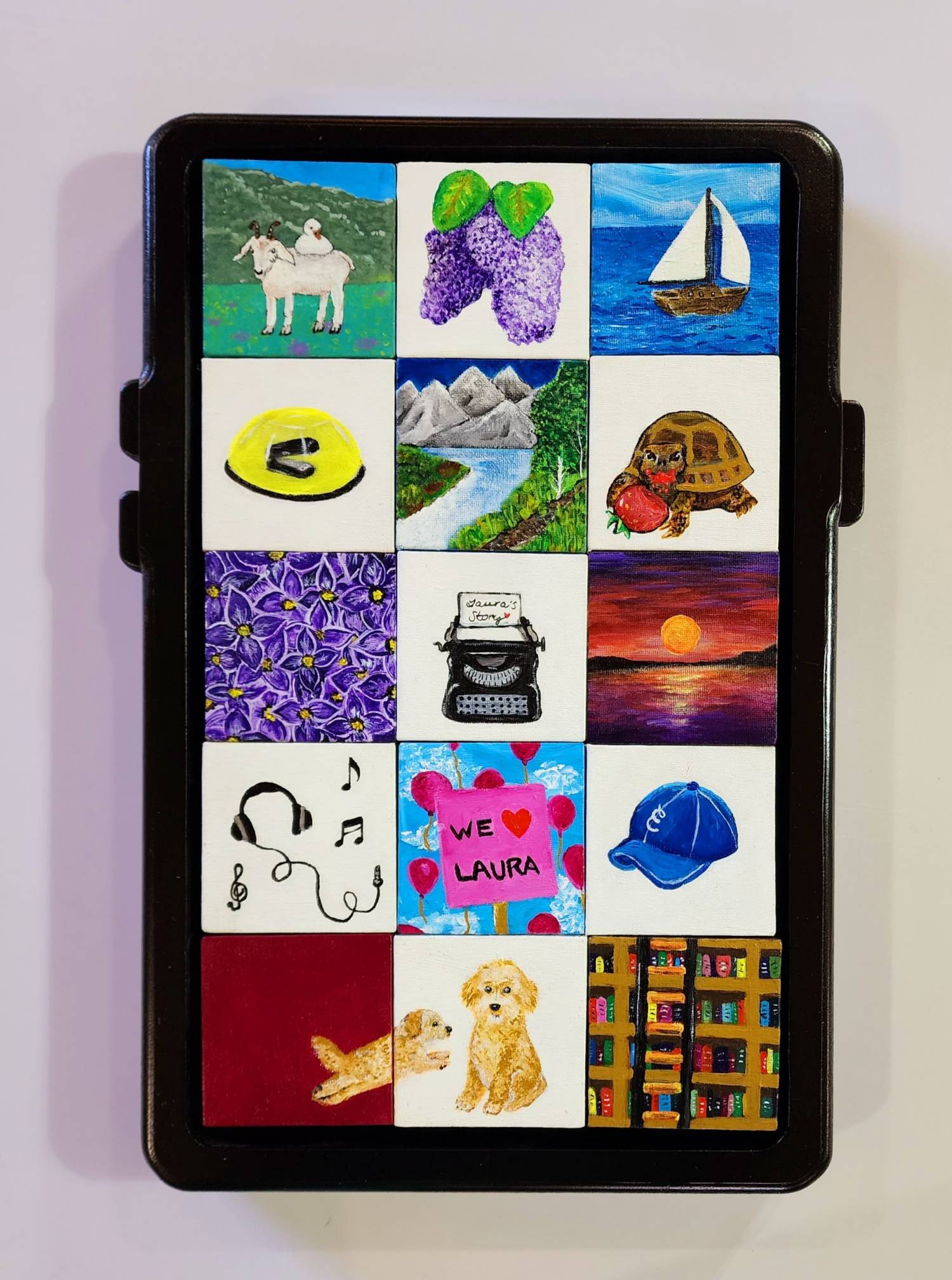 Artist Lindsay Patton's piece, "Good Mem-ories," which shows tiny paintings arranged in a grid with a frame that resembles a smartphone.