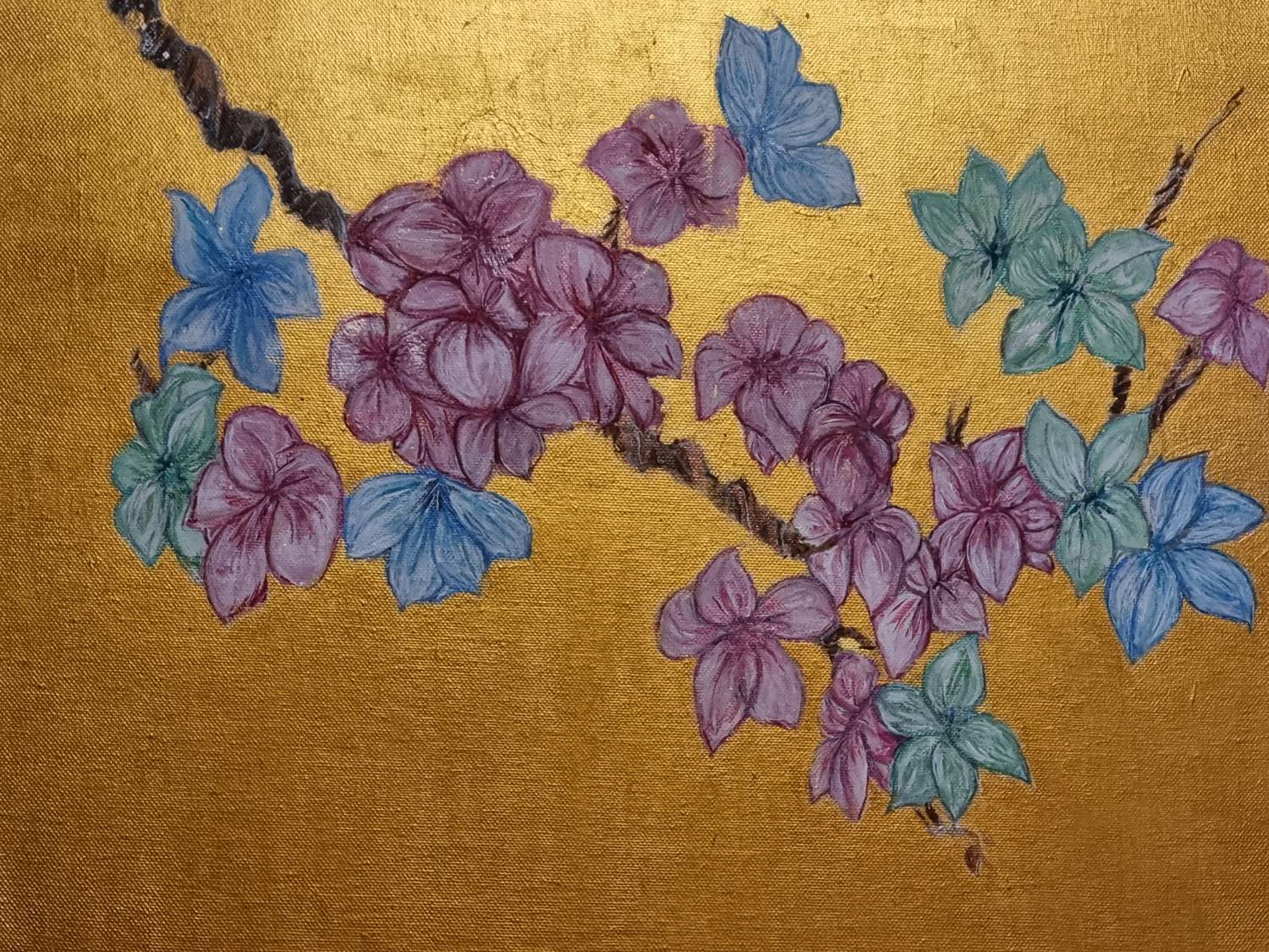 Alejandro Lopez' piece, "3 Colors," which features pink, blue and green flowers with a gold background.
