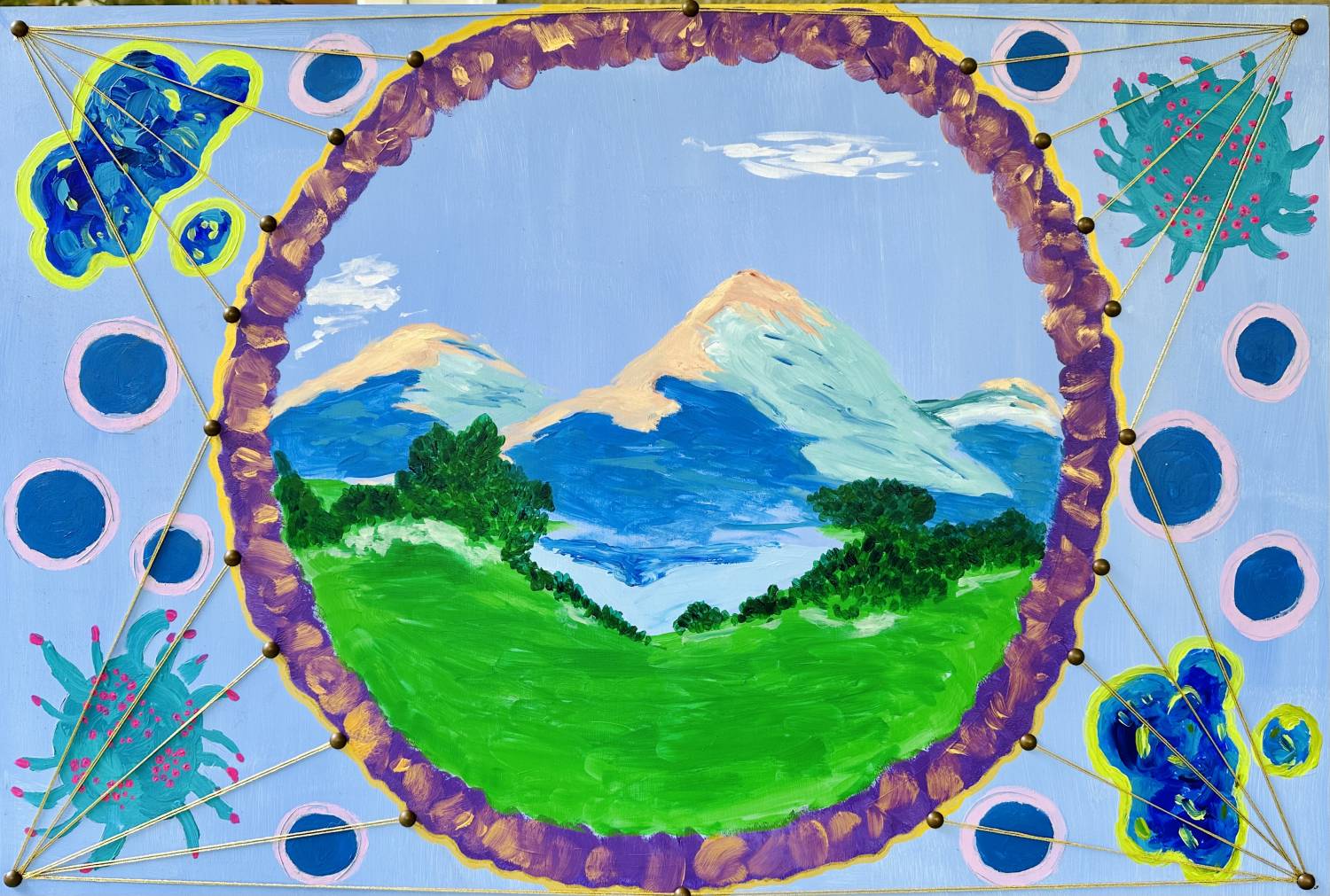 Artist Mignon Dupepe's piece, “Porthole of Peace,” which features a mountain range seen through a porthole.