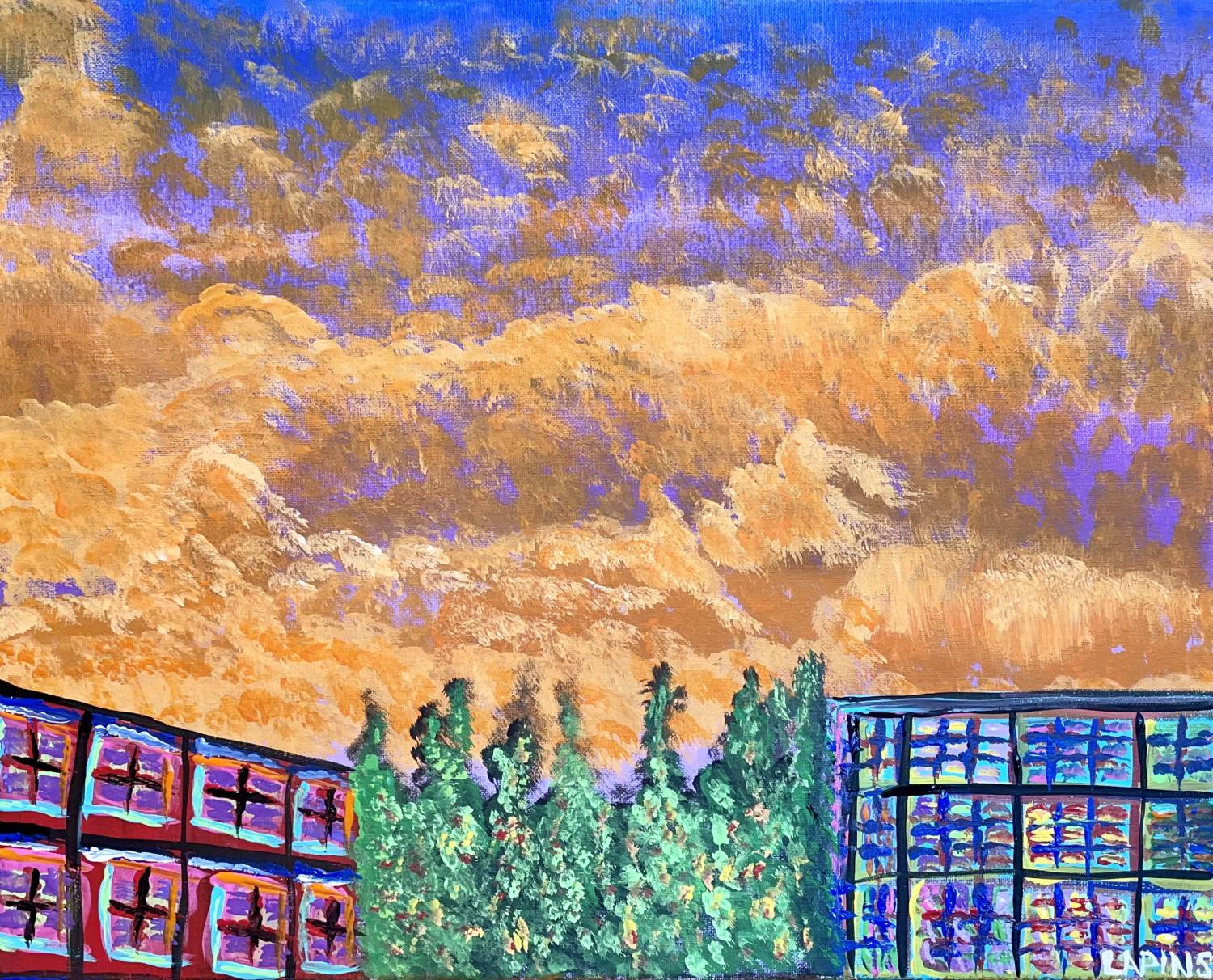 Artist Kenny Lapins' piece, "Beautiful Sky on a Terrible Day,” which features a beautiful orange, purple and blue sky above buildings and trees