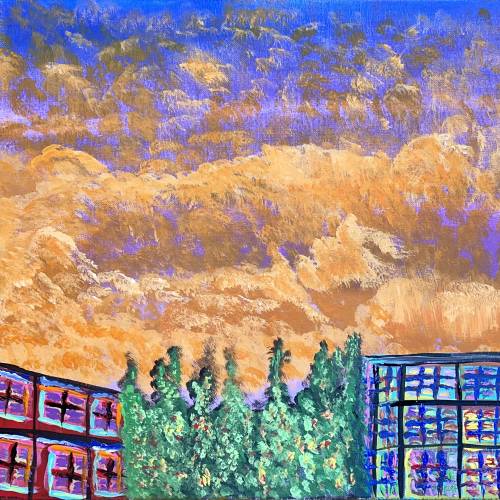 Artist Kenny Lapins' piece, "Beautiful Sky on a Terrible Day,” which features a beautiful orange, purple and blue sky above buildings and trees