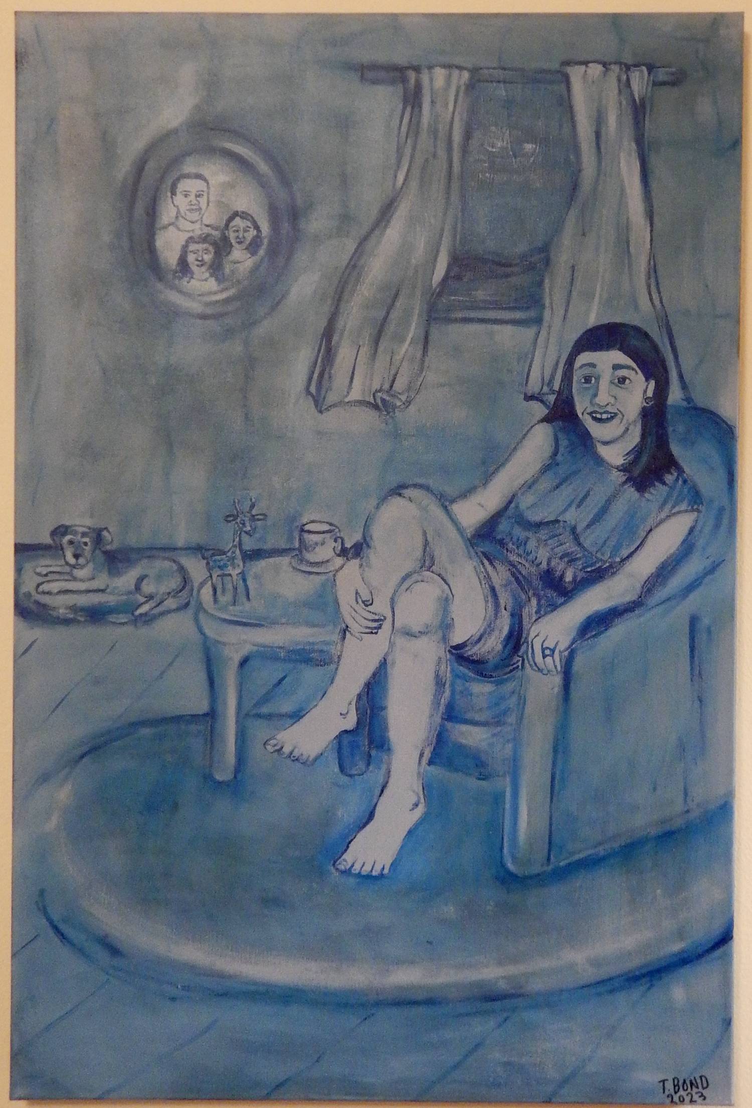 Theresa Bond's piece, "Only Blue Skies From Now On,” featuring a woman relaxing in a chair.
