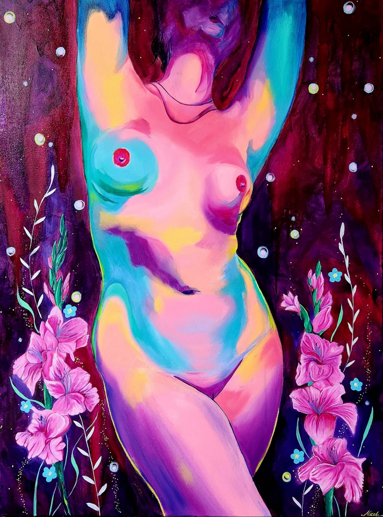 Artist Nicole Marie Hagg's piece, “Death or Gladioli,” which shows a nude woman's figure with here arms up, surrounded by gladiolus flowers.
