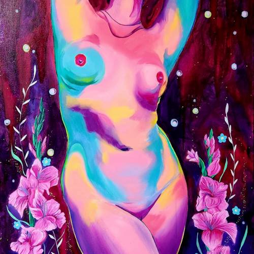 Artist Nicole Marie Hagg's piece, “Death or Gladioli,” which shows a nude woman's figure with here arms up, surrounded by gladiolus flowers.