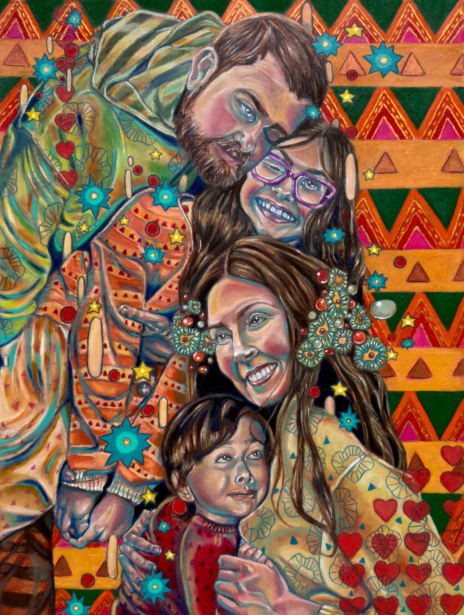 Danielle Renee Whitehead's piece, "Familia," which features two parents and two children with bright, geometric shapes surrounding them.