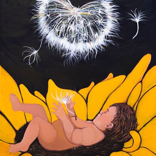 Lyrika Van Vliet's piece, "The Blossom Of A Wish," which shows a baby laying in a flower, with lips blowing a dandelion above it