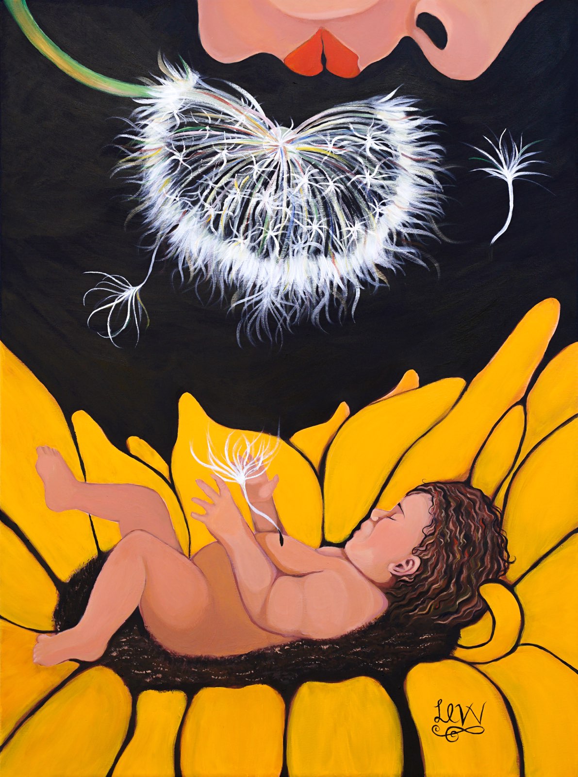 Lyrika Van Vliet's piece, "The Blossom Of A Wish," which shows a baby laying in a flower, with lips blowing a dandelion above it