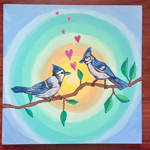 Artist Caryn Frishman's piece, "Two Sisters," which shows two blue jays sitting on a branch together.