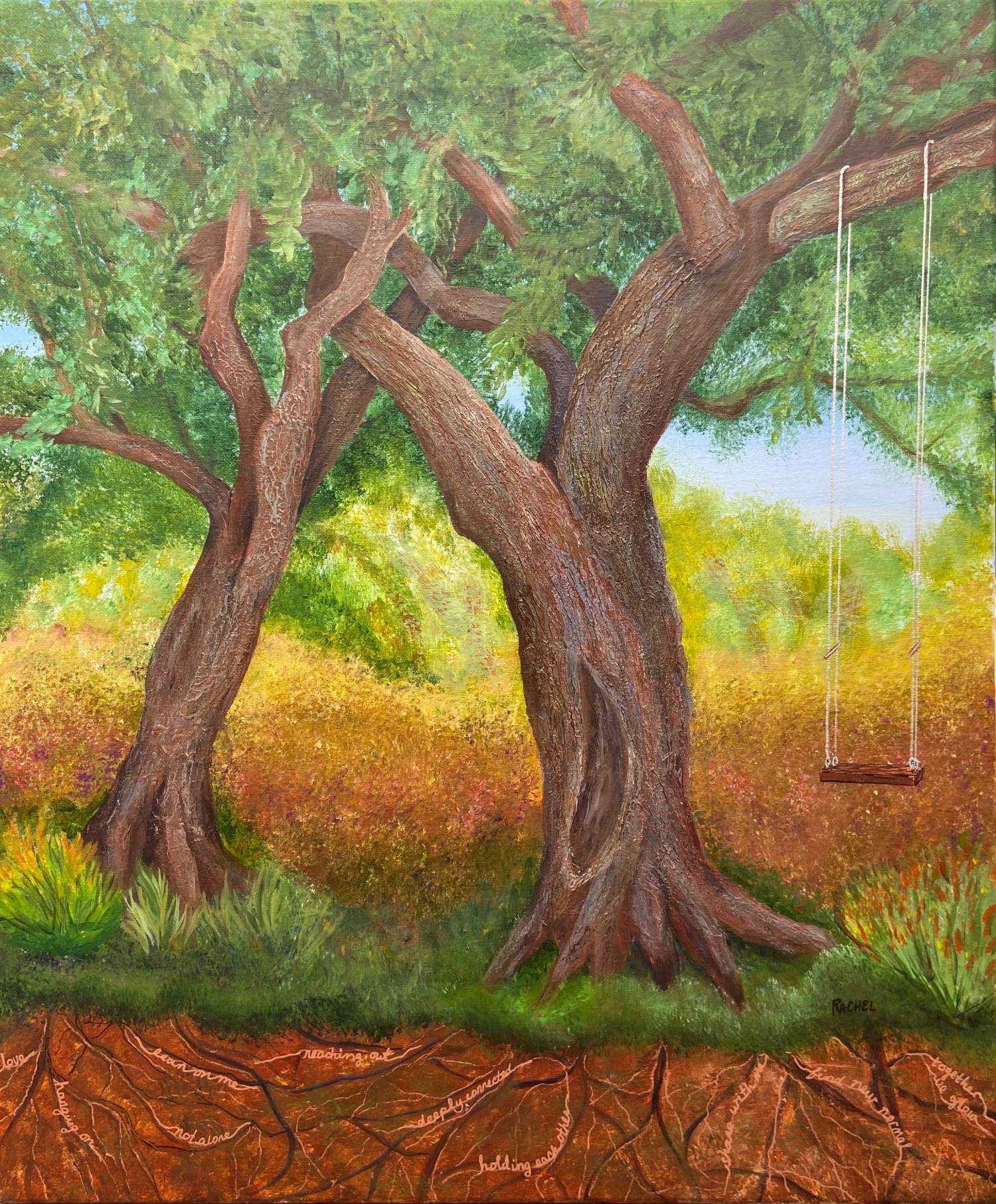 Rachel Gingold's Brushes with Cancer piece, "Strength in Connection," which features two trees leaning into each other with their root systems shown underneath them