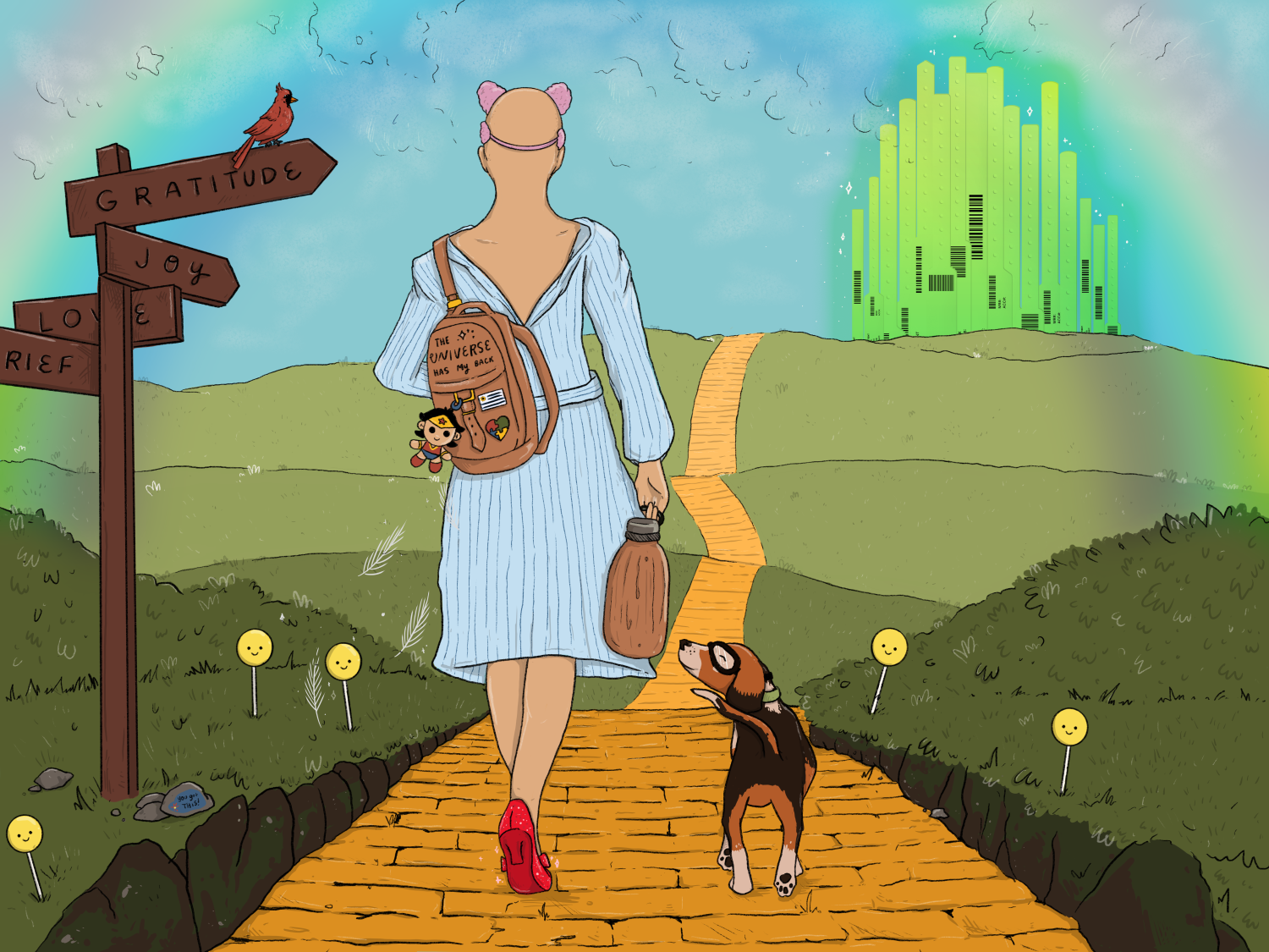 An illustration of a woman and a beagle on a yellow brick road, on their way to Oz